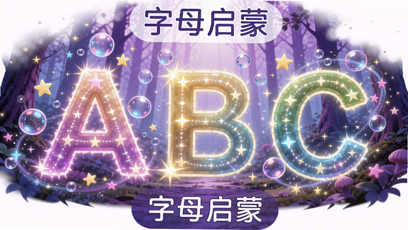 Boogu-Image 风格,主体为巨大的发光英文字母“A”、“B”、“C”,周围环绕着魔法气泡和星星,背景为梦幻的紫色森林,布局中心突出,排版对称,风格梦幻魔法,细节发光效果,高清渲染,干净背景,文字标签