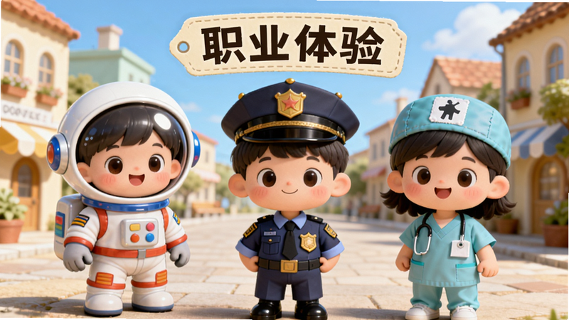 Boogu-Image 风格,主体为三个可爱的卡通儿童角色,分别穿着宇航服、警服和牙医服,站立在明亮的小镇广场上,布局呈三角形构图,排版清晰,风格温馨可爱,细节精致,高清画质,干净背景,文字标签