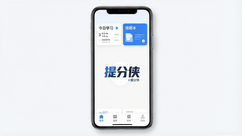 一张高清的手机应用界面展示图,主体为“提分侠”安卓APP首页,布局清晰简洁,顶部显示“今日学习”和“错题本”模块,中间展示“提分侠”Logo,底部为导航栏,风格现代简约,色彩以白色和蓝色为主,细节处有柔和的阴影效果,画质清晰,无多余元素,背景干净