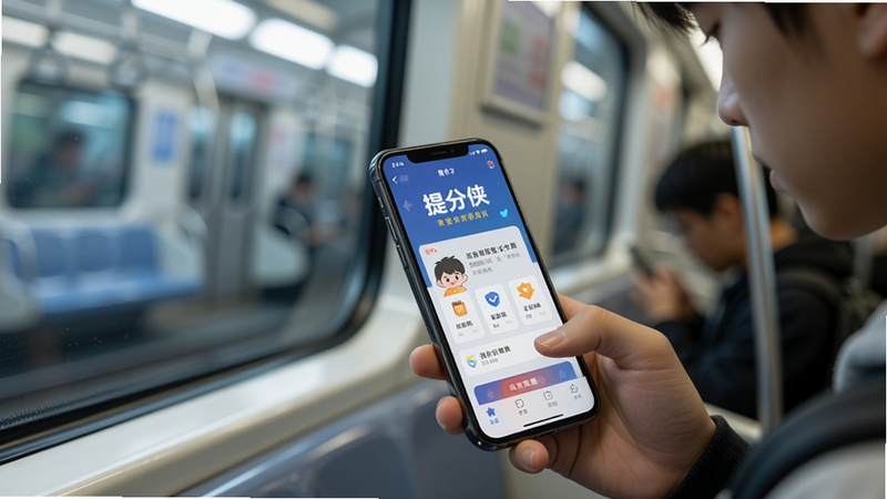 一张生活场景图,展示一个学生在地铁上使用手机,手机屏幕显示“提分侠”界面,周围是模糊的车窗景象,光线柔和,聚焦于手机屏幕,风格写实,细节清晰,画质高,背景虚化,无多余元素