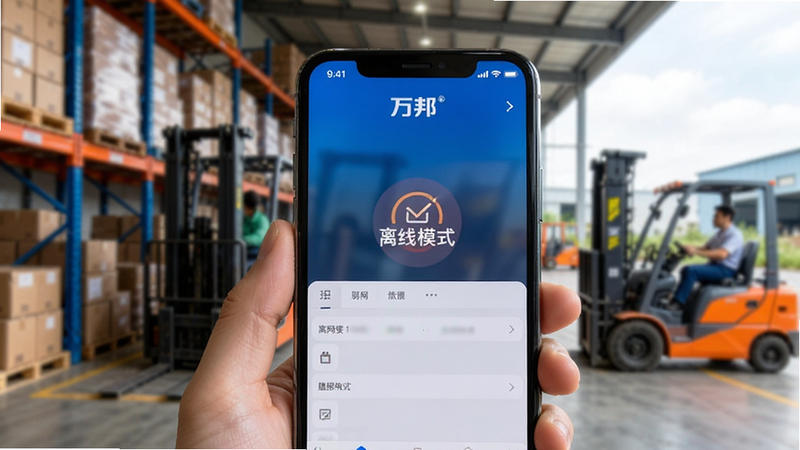 展示“万邦”APP在弱网环境下的离线使用场景,手机屏幕显示“离线模式”标识,背景为仓库或户外场景,强调软件的稳定性与适应性,风格真实,构图紧凑,色彩鲜明,画质细腻,无水印