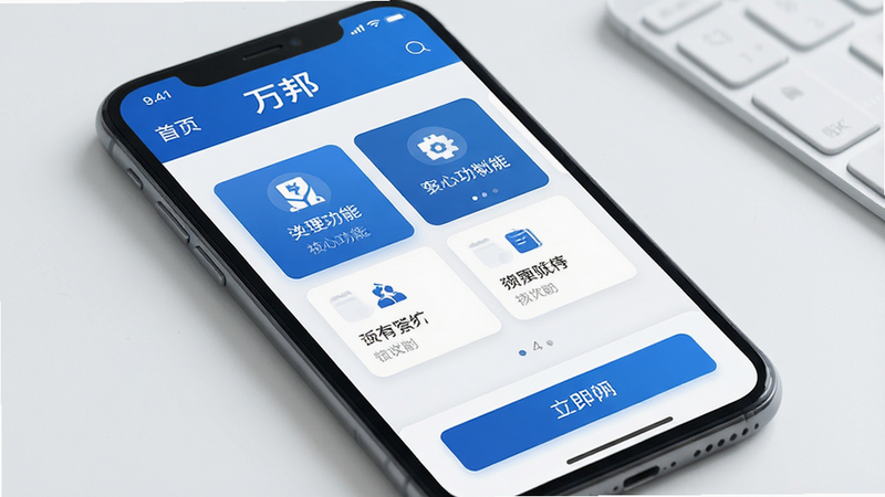 一张高清现代商务风格的应用界面展示图,主体为名为“万邦”的手机APP全屏界面,布局清晰,顶部为导航栏,中部为核心功能卡片,底部为操作按钮,风格扁平化,色彩以科技蓝与白色为主,细节丰富,质感干净,无多余元素,4k画质