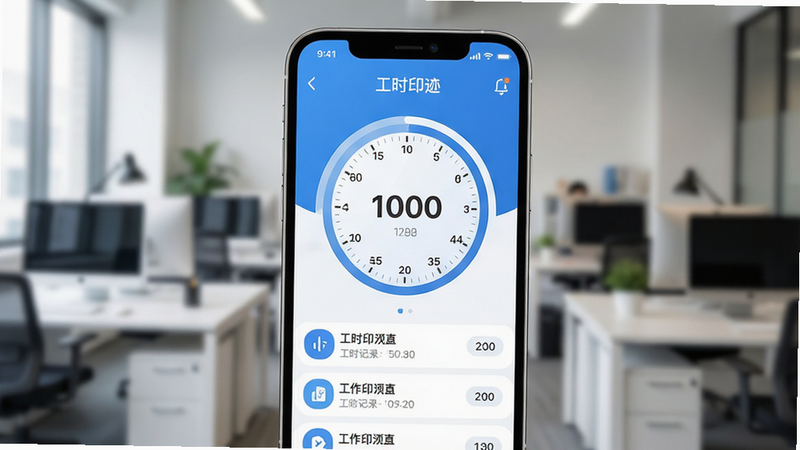 一张展示手机屏幕的图片,屏幕中央显示着名为“工时印迹”的应用界面,界面设计简洁现代,主色调为清爽的蓝白色,核心区域是一个巨大的圆形计时器正在运行,下方列出几条工作记录条目,背景虚化显示办公室环境,高清写实风格,无多余装饰文字