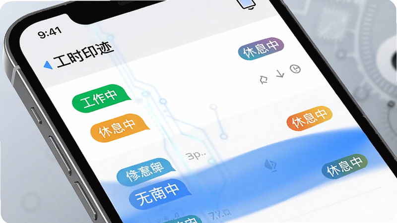 手机应用界面特写,显示“工时印迹”App的工作记录列表,每条记录旁有不同颜色的状态标签如“工作中”、“休息中”,界面布局整洁,字体清晰,蓝色高亮显示当前活跃状态,背景为柔和的灰色渐变,体现科技感与专业度
