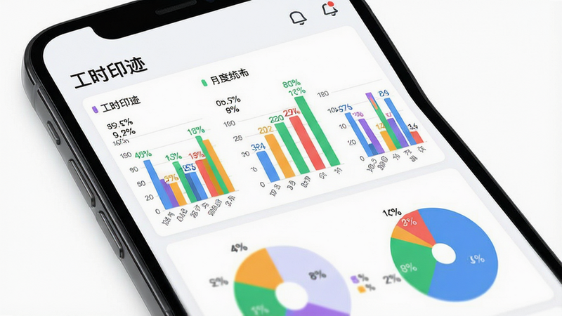 一张展示数据分析界面的图片,手机屏幕上显示“工时印迹”的月度统计报表,包含三个清晰的柱状图和两个饼图,图表配色鲜明,数据标签清晰可见,整体排版符合现代UI设计规范,背景纯净,突出数据可视化效果