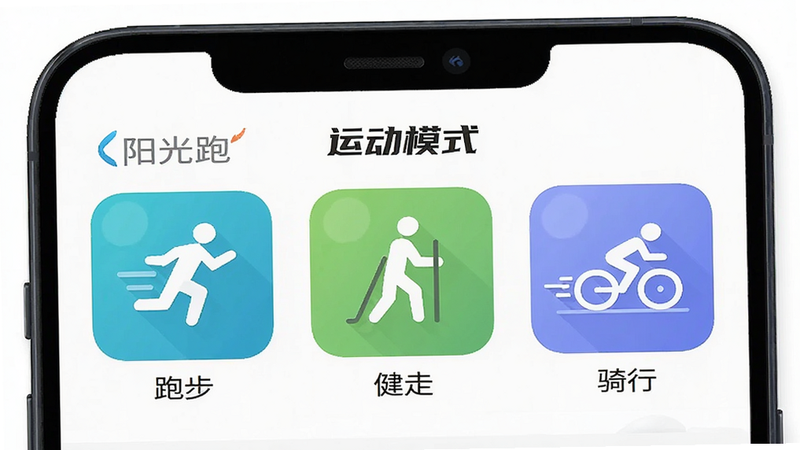 �ֻ�����չʾ'������'APP��ģʽѡ��ҳ�棬������ͼ��ֱ����'�ܲ�'��'����'��'����'��ͼ����Ƽ������������Ϊ��ɫ���������룬����ƽ����ϸ������������4K���ɾ����޶���Ԫ�أ�����'�˶�ģʽ'����