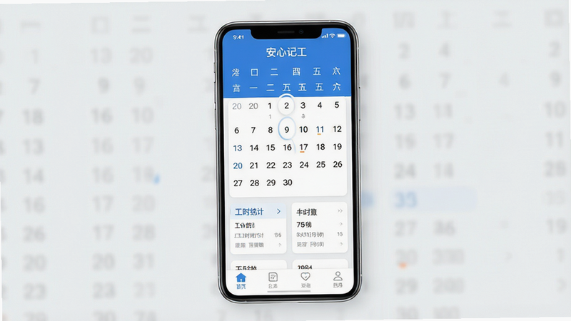 一张高清的手机应用界面展示图,主体为“安心记工”App的主界面,屏幕中央显示清晰的日历视图和工时统计卡片,顶部有软件名称“安心记工”,底部导航栏可见,整体风格简洁现代,配色以蓝色和白色为主,背景为干净的浅灰色,无多余装饰元素,高清,4k,扁平化设计,干净,无多余元素