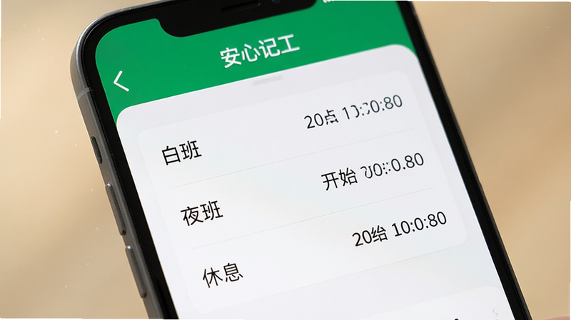 手机屏幕特写,显示“安心记工”App内的班次设置界面,列表中包含“白班”、“夜班”、“休息”等选项,每个选项右侧显示对应的开始和结束时间,界面清晰,文字清晰可见,背景柔和,突出功能细节,高清,无水印,干净