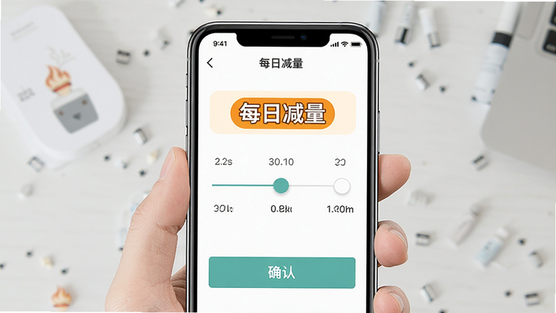 戒烟小目标功能模块展示,主体为手机界面,展示“每日减量”设置页面,布局清晰,包含滑块选择器和确认按钮,风格扁平化,细节精致,文字“每日减量”高亮显示,画质清晰,干净无杂质