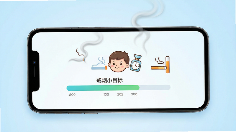 戒烟小目标应用界面全景展示,主体为手机屏幕,背景为干净的浅蓝色渐变,屏幕中央显示清晰的戒烟天数进度条和友好的卡通图标,布局简洁现代,排版规整,风格清新治愈,细节处有烟雾消散的特效,画质高清,无多余元素,文字“戒烟小目标”清晰可见