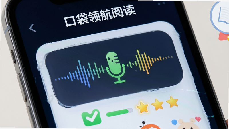 主体是口袋领航阅读语音互动场景,布局为手机屏幕特写,展示麦克风波形动画与发音评分界面,排版聚焦中心交互区,风格科技感与童趣结合,细节显示绿色对勾与星级评分,画质清晰,无冗余背景,文字包含