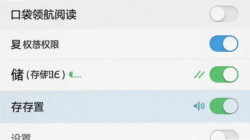 主体是口袋领航阅读移动端设置界面,布局为列表式菜单,高亮显示麦克风权限与存储设置项,排版紧凑有序,风格简洁实用,细节包含开关按钮与状态指示图标,画质清晰,无多余装饰,文字包含