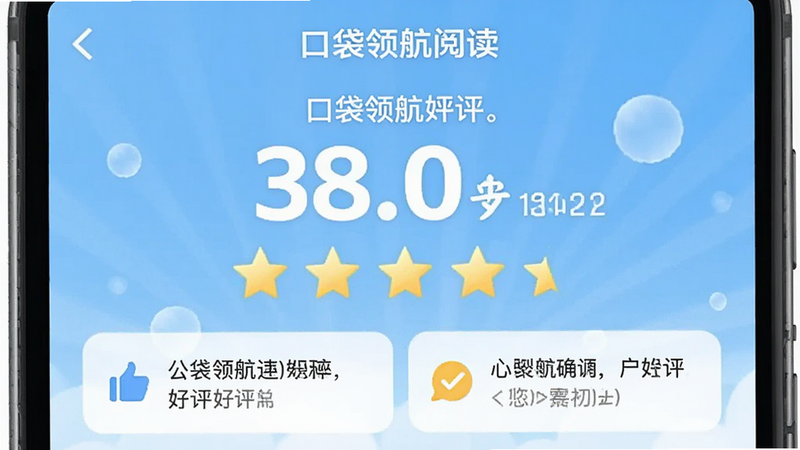 主体是口袋领航阅读用户评价界面,布局为星级评分展示区,背景为浅蓝色调,排版突出高评分数字,风格积极正面,细节包含点赞图标与简短好评文本,画质明亮,无负面元素,文字包含
