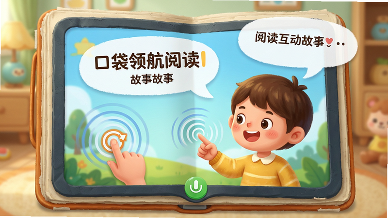 主体是口袋领航阅读互动故事场景,布局为全屏绘本画面,角色正在说话并有对话气泡弹出,排版强调视觉焦点,风格生动活泼,细节包含手势点击提示与音效波纹,画质高保真,无干扰元素,文字包含