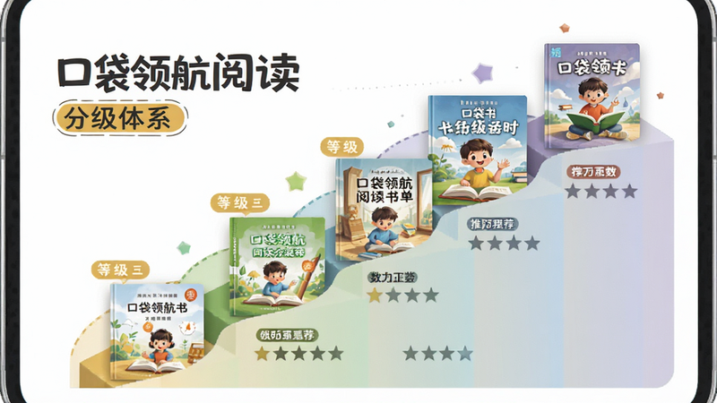 主体是口袋领航阅读分级书单界面,布局为阶梯式展示图表,从低到高排列不同难度的书籍封面,排版层次分明,风格教育化且直观,细节标注等级标签与推荐指数,画质细腻,无杂乱元素,文字包含