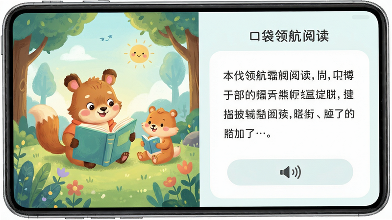 主体是口袋领航阅读应用界面展示,布局采用左右分屏设计,左侧显示精美绘本插图,右侧为文字与语音交互区域,排版简洁清晰,风格为清新卡通风,细节包含生动的动物角色与柔和的色彩搭配,画质高清干净,无多余元素,文字包含