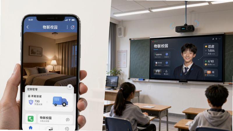 主体为“物联校园”App的功能演示场景,左侧显示手机界面正在控制宿舍灯光,右侧显示教室多媒体设备被远程开启,布局左右对称,风格为写实与科技结合,细节丰富,光线柔和,文字标注清晰,画质高,干净无杂乱背景