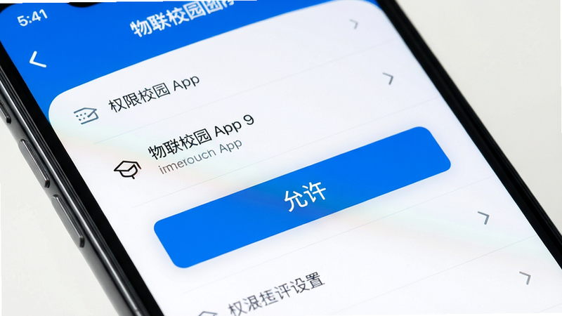 主体为手机屏幕特写,显示物联校园App的权限设置页面,布局为列表形式,风格为简洁UI设计,细节清晰,文字高亮显示“允许”按钮,画质高,干净无多余装饰