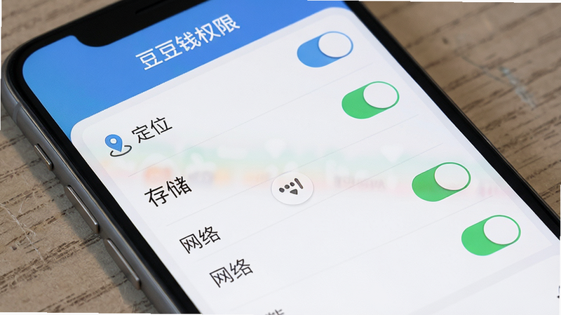 ����ǮAPPȨ�����ý��棬����Ϊ�ֻ���Ļ�������б�ʽ����ʾ����λ�������洢���������硱��Ȩ�޿��أ�����࣬ϸ�����������壬������ʾ������ǮȨ�ޡ�