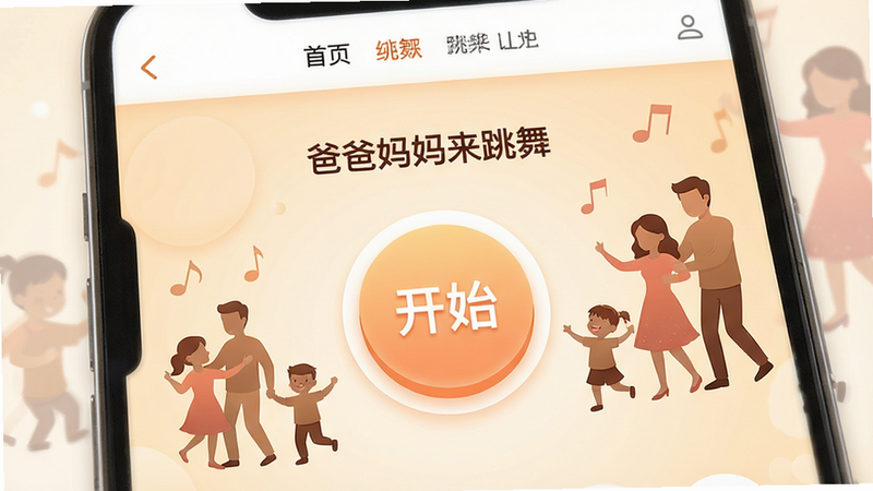 一张温馨明亮的手机屏幕界面展示图,主体是“爸爸妈妈来跳舞”APP的主界面,布局清晰,顶部为导航栏,中间是大大的圆形开始按钮,背景是柔和的暖色调,周围点缀着卡通风格的父母和孩子跳舞剪影,风格现代简约,细节精致,画质高清,干净无多余元素,文字显示“爸爸妈妈来跳舞”