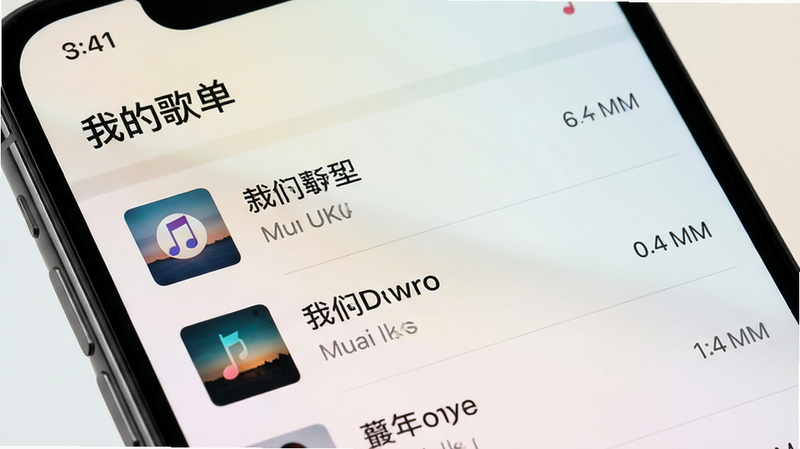 手机屏幕特写,显示音乐列表界面,列表项包含歌曲名称和时长,背景为浅色渐变,图标清晰,风格扁平化,细节丰富,画质4k,干净简洁,文字显示“我的歌单”