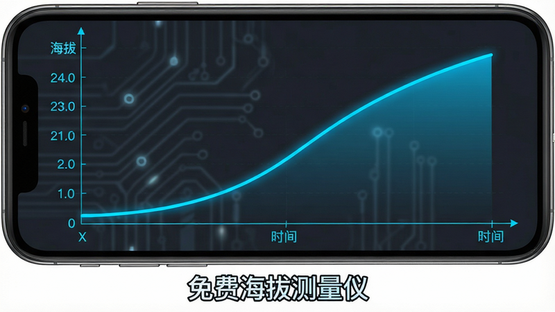 手机界面展示高度变化曲线图,X轴为时间,Y轴为海拔,曲线平滑上升,界面下方有“免费海拔测量仪”字样,图表颜色为亮蓝色,背景深灰色,科技感,清晰,高清