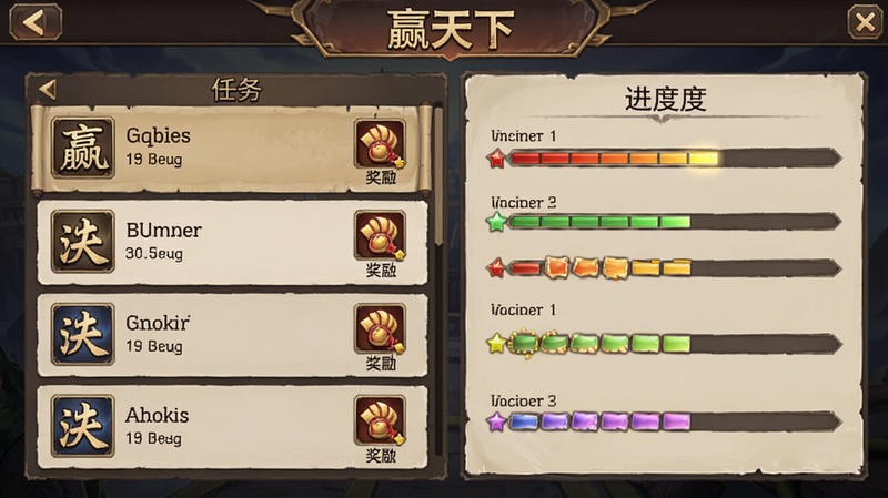 主体为《赢天下》游戏内的任务中心界面,布局为任务列表与进度条展示,风格为游戏UI设计,细节显示任务奖励图标,画质清晰,干净,无多余元素,画面中包含文字“赢天下”