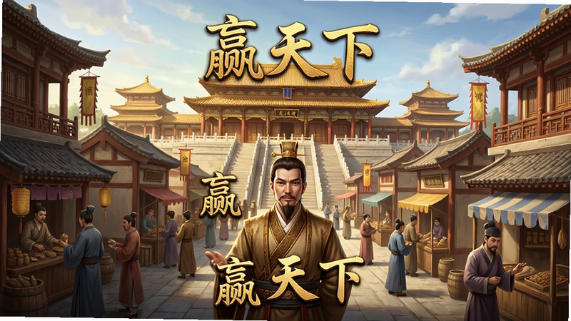 主体为《赢天下》游戏主界面,布局呈现古代繁华街市全景,前景为身穿古装的商人角色,背景为宏伟的宫殿与商铺,排版采用中心对称式,风格为中国古典写实风,细节丰富,展现金碧辉煌的质感,画质高清,干净,无多余元素,画面中包含文字“赢天下”