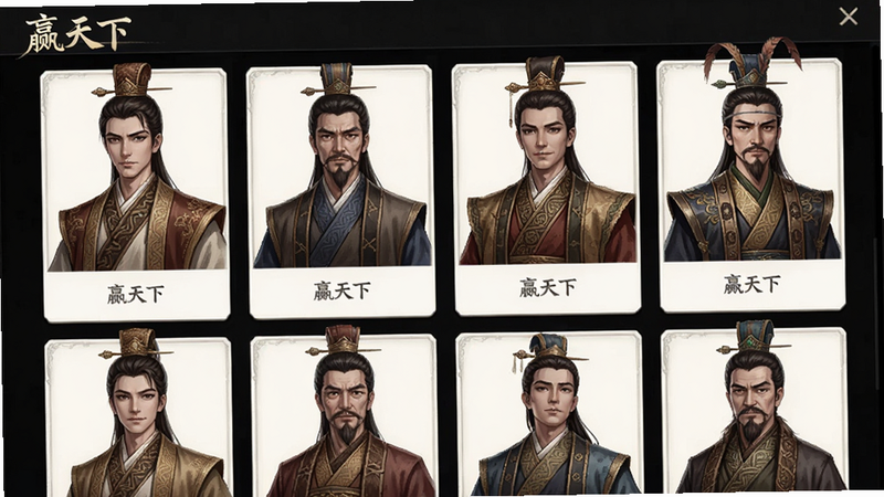 主体为《赢天下》游戏内的人才招募界面,布局为卡片式排列,展示多位身着不同朝代服饰的人物立绘,风格为二次元与写实结合,细节刻画人物表情与服饰纹理,画质精致,干净,无多余元素,画面中包含文字“赢天下”