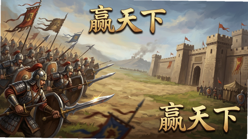主体为《赢天下》游戏内的战争场景,布局为对角线构图,左侧为进攻方阵,右侧为防守城墙,风格为史诗战争绘画,细节展现士兵装备与武器光泽,画质震撼,干净,无多余元素,画面中包含文字“赢天下”