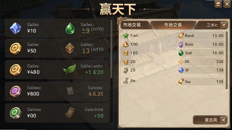 主体为《赢天下》游戏内的经济管理系统界面,布局为左右分栏,左侧展示各类资源图标与数量,右侧为市场交易面板,风格为UI设计展示,细节清晰,显示数字与图标,画质清晰,干净,无多余元素,画面中包含文字“赢天下”