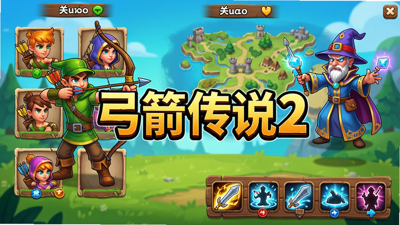 主体为《弓箭传说2》游戏主界面,布局清晰展示角色选择、关卡地图及技能栏,排版紧凑有序,风格为明亮鲜艳的卡通渲染,细节丰富展现弓箭手与法师的战斗姿态,画质高清,干净无多余元素,文字