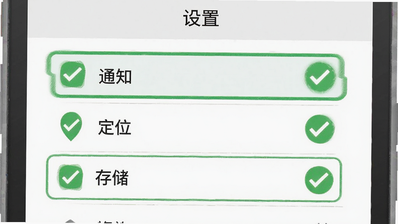 一个手机屏幕截图风格的插画,显示“设置”页面,其中“通知”、“定位”、“存储”选项被高亮勾选,周围有绿色的对勾标志,表示正确设置,扁平化风格,简洁明了,白色背景,高清细节