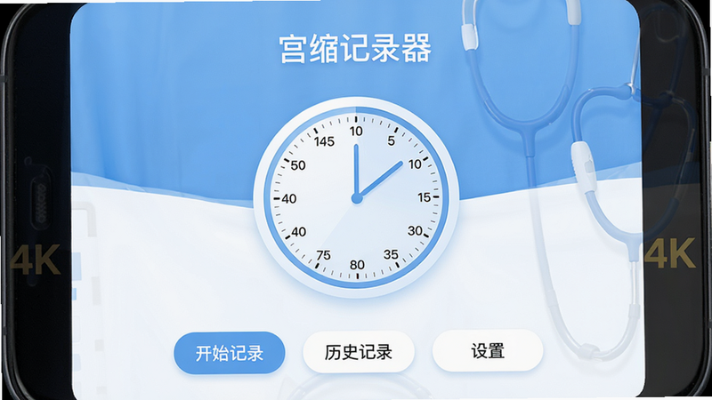 ����Ϊ������¼��APP���������棬���ֲ��þ��жԳ���ƣ�������ʾӦ�����ơ�������¼�������м���һ������Բ�μ�ʱ���̣��ײ���������Ҫ���ܰ�ť����ʼ��¼������ʷ��¼�������á����Ű��������򣬷��Ϊ�ִ�����ҽ�Ʒ磬ϸ�ڴ�������͵�����ɫ��������ɾ��޶���Ԫ�أ�4K���廭��