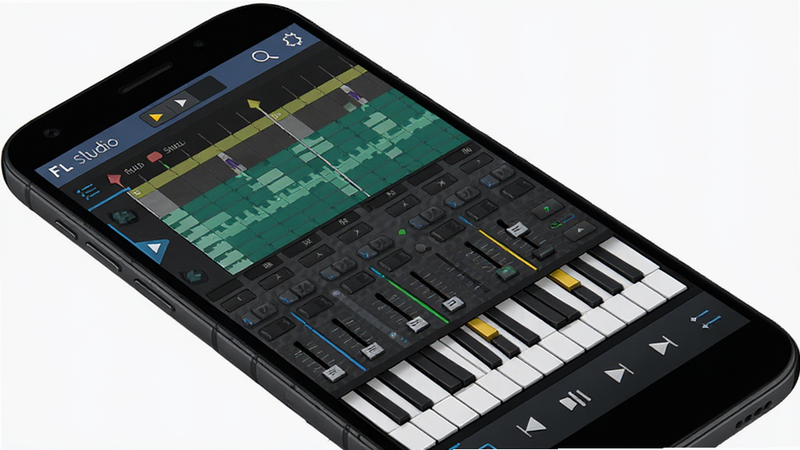 ����ΪAndroid�ֻ���Ļ����ʾFL Studio Mobile�������棬�������������������̨�������������̣����������������в˵������ײ��п�����������ִ���Լ��ϸ�ھ��£����廭�ʣ��ɾ��������޶���Ԫ��