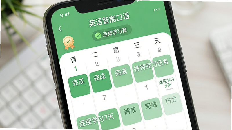 手机屏幕展示“英语智能口语”的学习计划页面,布局为日历视图,标记了已完成和待完成的任务,风格为清新绿色主题,细节包括打卡徽章和连续学习天数,画质清晰,干净,无多余元素,文字“连续学习7天”