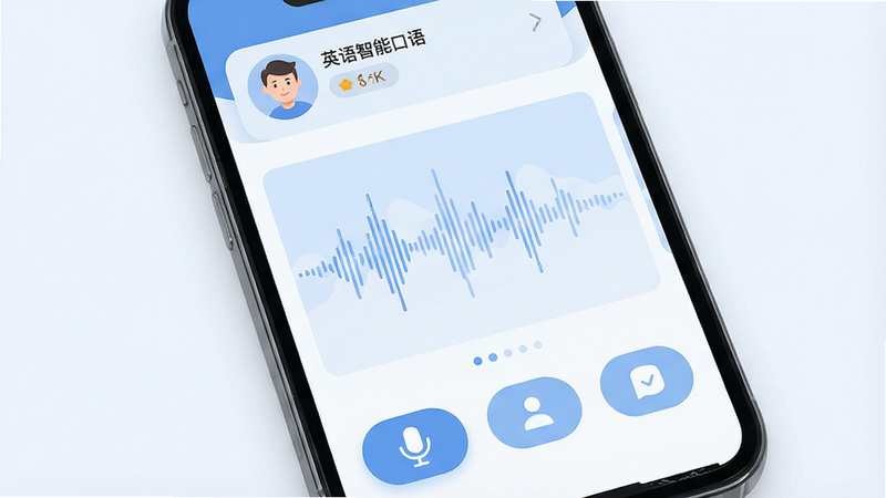 一张高清的智能手机屏幕展示图,主体是“英语智能口语”APP的主界面,布局为顶部显示用户头像和积分,中间是大面积的语音波形图区域,底部是三个功能按钮,风格为现代扁平化设计,细节包括清晰的UI图标和柔和的蓝白色调,画质4k,干净,无多余元素,文字“英语智能口语”清晰可见