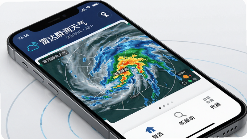 主体为“雷达瞬测天气”APP的手机界面展示,布局清晰,顶部显示当前时间地点,中部为动态雷达云图,底部为功能菜单;排版简洁现代,风格科技感强,细节丰富,画质高清,干净无多余元素,文字需清晰可见“雷达瞬测天气”