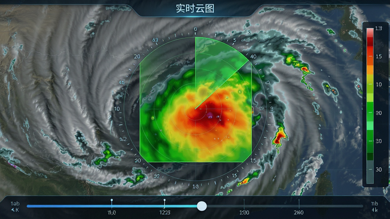 主体为动态雷达云图界面,布局中心为绿色到红色的渐变色块代表降水强度,周围有时间轴滑动条;排版科技感十足,风格写实且清晰,细节展示云团纹理,画质8K高清,干净无杂色,文字标注“实时云图”