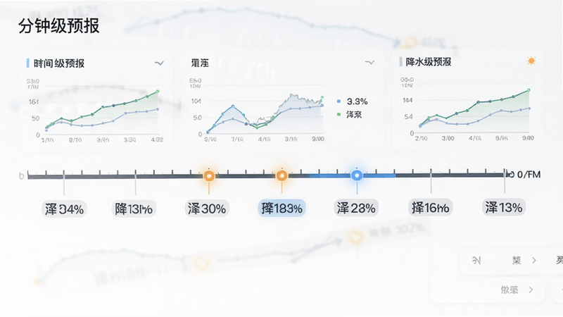 主体为时间轴预测界面,布局横向排列时间刻度,每个刻度下方标注降水概率百分比,高亮当前时间;排版线性清晰,风格简约商务,细节展示数据图表,画质细腻,干净无干扰元素,文字显示“分钟级预报”