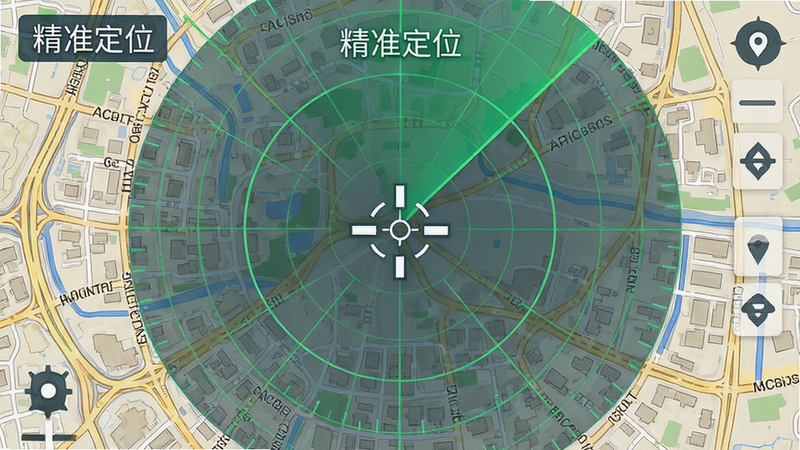 主体为地图定位界面,布局中心为精确的十字准星定位点,周围环绕雷达网格线;排版地图风格,细节丰富显示街道纹理,画质清晰锐利,干净无广告遮挡,文字标注“精准定位”
