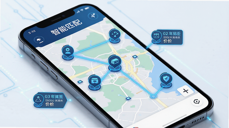 智能货源匹配功能示意图,主体为手机屏幕显示地图与货源点,布局为地图居中,货源点以图标形式分布,周围有距离与价格标签,风格科技感,蓝色线条连接,细节清晰,高清画质,干净,文字显示
