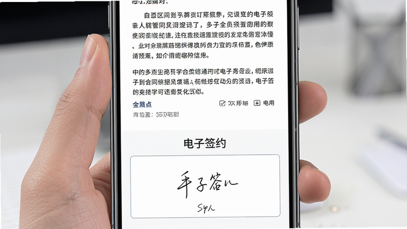 在线合同签署界面预览,主体为手机屏幕显示合同文本与签名区域,布局为上半部分合同内容,下半部分手写签名框,风格专业严谨,白色背景,细节清晰,高清画质,干净,文字显示