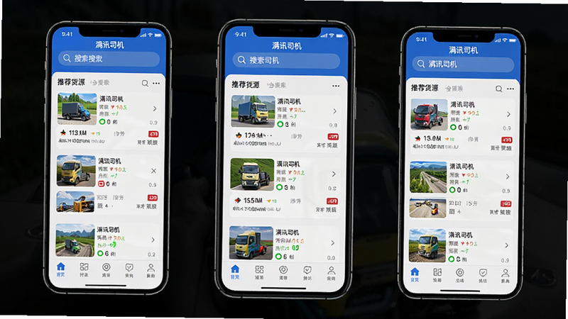 满讯司机 app 界面全景展示,主体为手机屏幕显示首页,布局清晰,顶部有搜索栏,中部为推荐货源列表,底部为导航菜单,风格现代简约,蓝色主色调,细节丰富,高清画质,干净无多余元素,文字显示