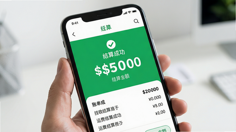 运费结算成功页面展示,主体为手机屏幕显示结算成功提示与金额,布局为中央大号金额数字,周围有账单明细列表,风格简洁明快,绿色成功标识,细节丰富,高清画质,干净,文字显示