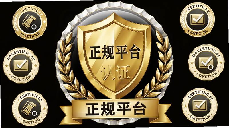正规平台认证徽章示意图,主体为金色盾牌图标与文字说明,布局为中央盾牌,周围环绕认证标志,风格权威可信,金色与白色搭配,细节精致,高清画质,干净,文字显示