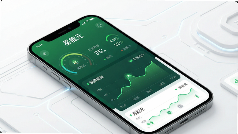 一张展示“星能元”App核心界面的概念图,主体为手机屏幕,屏幕上显示着绿色的能源数据仪表盘和实时曲线图,背景为简洁的白色科技感界面,布局清晰,排版整洁,风格现代简约,细节丰富,画质高清,干净,无多余元素,文字包含“星能元”