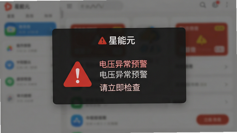 “星能元”预警通知弹窗界面,主体为醒目的红色警示图标和文字提示,背景为模糊的应用界面,布局突出警示信息,风格严肃警示,细节清晰,画质高清,干净,无多余元素,文字包含“电压异常预警”、“请立即检查”