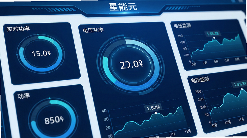 “星能元”实时数据监控界面特写,主体为多个动态环形图和折线图,显示功率、电压等数据,布局紧凑有序,风格科技蓝白配色,细节精致,画质清晰,干净,无多余元素,文字包含“实时功率”、“电压监测”