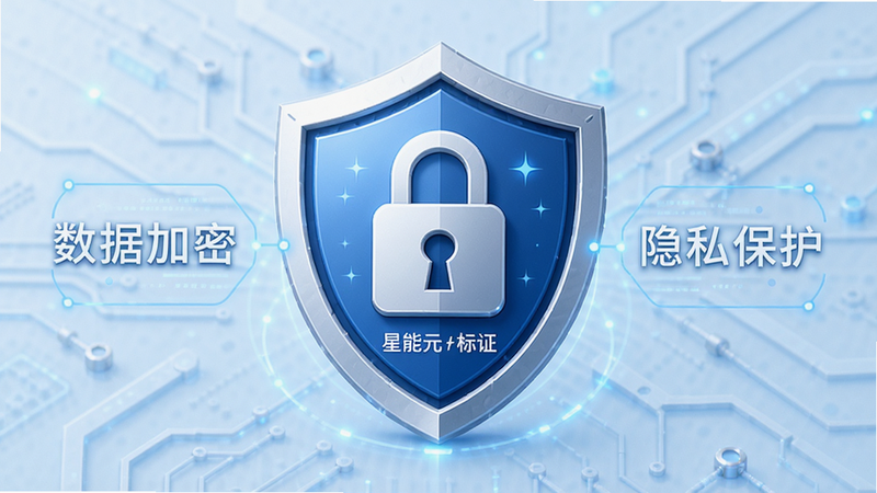 “星能元”安全认证标识与隐私保护示意图,主体为盾牌图标和锁形符号,象征安全加密,背景为淡蓝色科技纹理,布局稳重,风格信任感强,细节清晰,画质高清,干净,无多余元素,文字包含“数据加密”、“隐私保护”